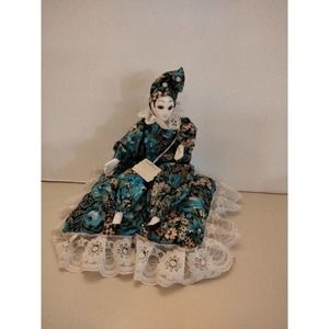 Vintage Landmark Porcelain Clown Doll on Floral lace pillow with tags